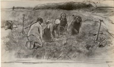 Anton Mauve (Dutch, 1838-1888). <em>Four Peasants Working in a Field</em>. Drawing in charcoal and white chalk on wove paper, 11 1/2 x 17 5/8 in. (29.2 x 44.8 cm). Brooklyn Museum, Gift of the Estate of Mrs. William A. Putnam, 41.692 (Photo: Brooklyn Museum, CUR.41.692.jpg)