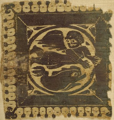 Coptic. <em>Square with Winged Figure and Dolphin</em>, 6th century C.E. Flax, wool, 5 1/2 x 4 3/4 in. (14 x 12.1 cm). Brooklyn Museum, Gift of Pratt Institute, 41.794. Creative Commons-BY (Photo: Brooklyn Museum (in collaboration with Index of Christian Art, Princeton University), CUR.41.794_ICA.jpg)