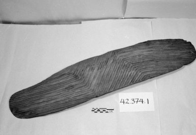 Aboriginal Australian. <em>Shield</em>, 19th or 20th century. Erythresia wood, ochre, 29 1/2 x 6 1/2 x 2 in. (74.9 x 16.5 x 5.1 cm). Brooklyn Museum, Gift of Arthur Wiesenberger, 42.374.1. Creative Commons-BY (Photo: Brooklyn Museum, CUR.42.374.1_bw.jpg)