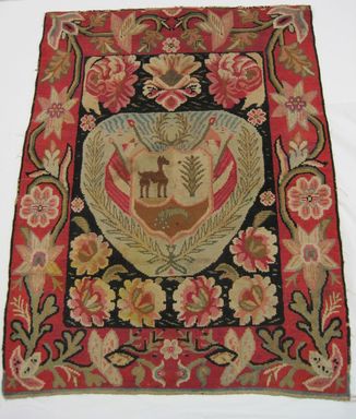  <em>Rug with Coat of Arms</em>, ca. 1834. Cotton, wool, 37 1/2 × 47 1/2 in. (95.3 × 120.7 cm). Brooklyn Museum, Carll H. de Silver Fund, 42.56. Creative Commons-BY (Photo: Brooklyn Museum, CUR.42.56_view01.jpg)
