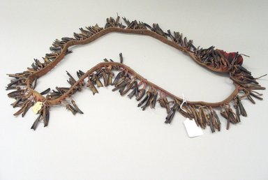 Plains (Northern or Central). <em>Bandolier</em>, late 19th-early 20th century. Hide, cotton seeds, dew claws, 25 9/16 x 1 15/16 in. (64.9 x 4.9 cm). Brooklyn Museum, Anonymous gift in memory of Dr. Harlow Brooks, 43.201.44. Creative Commons-BY (Photo: Brooklyn Museum, CUR.43.201.44_view1.jpg)