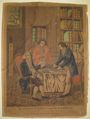 Amos Doolittle (American, 1754–1832). <em>The Prodigal Son Receiving his Patrimony</em>, October 24, 1814. Hand-colored etching on wove paper, Sheet: 14 3/4 x 10 13/16 in. (37.5 x 27.4 cm). Brooklyn Museum, Dick S. Ramsay Fund, 43.233.1 (Photo: Brooklyn Museum, CUR.43.233.1.jpg)