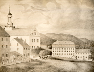 Gustavus Grunewald (American, active 1832–1850). <em>Young Ladies' Seminary and Church</em>. Lithograph, hand colored Brooklyn Museum, 43.240 (Photo: Brooklyn Museum, CUR.43.240.jpg)