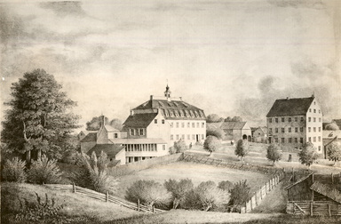 Gustavus Grunewald (American, active 1832–1850). <em>Boarding School for Young Gentlemen at Nazareth Hall, Pa.</em>. Lithograph, hand colored Brooklyn Museum, 43.241 (Photo: Brooklyn Museum, CUR.43.241.jpg)
