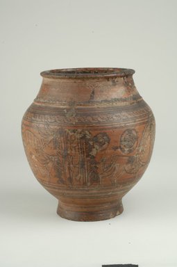 Coptic. <em>Decorated Jar</em>, 6th century C.E. Clay, slip, 9 5/8 x (Diam.) 8 11/16 in. (24.5 x 22 cm). Brooklyn Museum, Charles Edwin Wilbour Fund, 43.54. Creative Commons-BY (Photo: Brooklyn Museum (in collaboration with Index of Christian Art, Princeton University), CUR.43.54_view1_ICA.jpg)