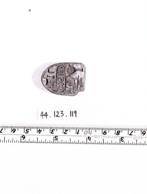  <em>Stamp-seal</em>, ca. 1479–1425 B.C. Steatite, glaze, 1/4 x 1 x 1 3/8 in. (0.6 x 2.6 x 3.5 cm). Brooklyn Museum, Charles Edwin Wilbour Fund, 44.123.119. Creative Commons-BY (Photo: Brooklyn Museum, CUR.44.123.119_negA_bw.jpg)