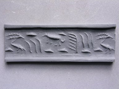  <em>Cylinder Seal of a Private Person</em>, ca. 3100–2675 B.C.E. Steatite, 9/16 × diam. 1/2 in. (1.4 × 1.2 cm). Brooklyn Museum, Charles Edwin Wilbour Fund, 44.123.14. Creative Commons-BY (Photo: Brooklyn Museum, CUR.44.123.14_impression.jpg)
