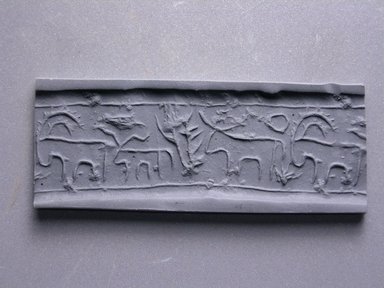  <em>Design Cylinder Seal</em>, ca. 3300–3000 B.C.E. Steatite, 13/16 x 5/8 in. (2.1 x 1.6 cm). Brooklyn Museum, Charles Edwin Wilbour Fund, 44.123.2. Creative Commons-BY (Photo: Brooklyn Museum, CUR.44.123.2_impression.jpg)