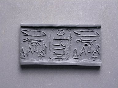  <em>Cylinder Seal</em>, ca. 1938-1759E B.C.E. Faience, 13/16 x 3/8 in. (2.1 x 0.9 cm). Brooklyn Museum, Charles Edwin Wilbour Fund, 44.123.68. Creative Commons-BY (Photo: Brooklyn Museum, CUR.44.123.68_impression.jpg)
