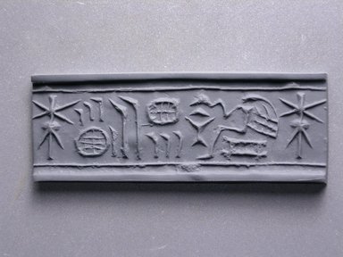  <em>Cylinder Seal of a Private Person</em>, ca. 3100-2800 B.C.E. Steatite, 13/16 x 5/8 in. (2 x 1.6 cm) . Brooklyn Museum, Charles Edwin Wilbour Fund, 44.123.6. Creative Commons-BY (Photo: Brooklyn Museum, CUR.44.123.6_impression.jpg)