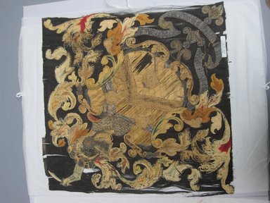  <em>Hatchment of Arms of Stewart Family</em>, 19th to early 20th century. Black silk with metallic embroidery, 18 x 18 in. (45.7 x 45.7 cm). Brooklyn Museum, Museum Collection Fund, 44.197.1. Creative Commons-BY (Photo: Brooklyn Museum, CUR.44.197.1.jpg)