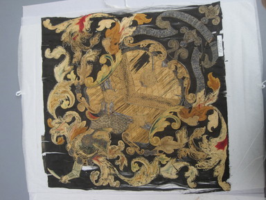  <em>Hatchment of Arms of Stewart Family</em>, mid–18th century. Black silk with metallic embroidery, 18 x 18 in. (45.7 x 45.7 cm). Brooklyn Museum, Museum Collection Fund, 44.197.1. Creative Commons-BY (Photo: Brooklyn Museum, CUR.44.197.1_overall02.jpg)