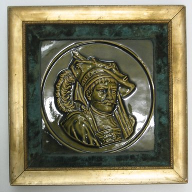 American Encaustic Tile Company Ltd. (1875–1935). <em>Tile</em>, 1885. Glazed earthenware, gilt wood, velvet, 8 3/8 x 8 1/16 in. (21.3 x 20.5 cm). Brooklyn Museum, Gift of Louis C. Garth, 45.139.4 (Photo: Brooklyn Museum, CUR.45.139.4.jpg)