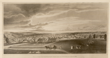 Henry Walton (American, 1820–1873). <em>East View of Ithaca</em>, 1837. Lithograph, semi hand coloring on wove paper, 11 3/4 x 25 5/8 in. (29.9 x 65.1 cm). Brooklyn Museum, Dick S. Ramsay Fund, 45.144 (Photo: Brooklyn Museum, CUR.45.144.jpg)