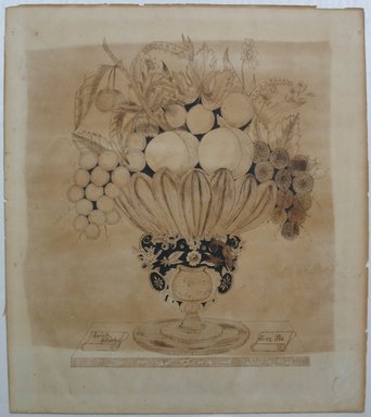 Lucinda Griffith. <em>[Still Life with Bowl of Fruit and Flowers]</em>, 1850-1855. Pen and ink on paper, sheet: 13 5/8 x 11 15/16 in. (34.6 x 30.3 cm). Brooklyn Museum, Gift of Eleanor Curnow in memory of her mother, Mary Griffith Curnow, 46.34.3 (Photo: Brooklyn Museum, CUR.46.34.3.jpg)