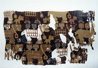 Tiwanaku. <em>Textile Fragment with Birthing Llamas</em>, 600–1000. Cotton, camelid fiber, 10 13/16 x 18 1/2 in. (27.5 x 47 cm). Brooklyn Museum, A. Augustus Healy Fund and Carll H. de Silver Fund, 46.46.2. Creative Commons-BY (Photo: Brooklyn Museum, CUR.46.46.2.jpg)