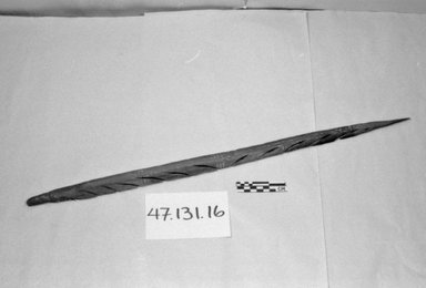 Aboriginal Australian. <em>Spearhead</em>, 19th or 20th cetnury. Wood, ochre, 24 5/8 x 1 1/4 x 3/4 in. (62.5 x 3.2 x 1.9 cm). Brooklyn Museum, Henry L. Batterman Fund, 47.131.16. Creative Commons-BY (Photo: Brooklyn Museum, CUR.47.131.16_bw.jpg)