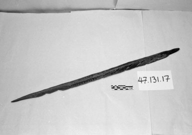 Aboriginal Australian. <em>Spearhead</em>, 19th or 20th century. Wood, ochre, 25 3/16 x 1 3/16 x 3/4 in. (64 x 3 x 1.9 cm). Brooklyn Museum, Henry L. Batterman Fund, 47.131.17. Creative Commons-BY (Photo: Brooklyn Museum, CUR.47.131.17_bw.jpg)