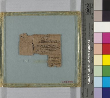 Greek. <em>Papyrus Inscribed in Greek and Latin</em>, 169 C.E. or later. Papyrus, ink, Glass: 6 x 6 9/16 in. (15.3 x 16.7 cm). Brooklyn Museum, Bequest of Theodora Wilbour from the collection of her father, Charles Edwin Wilbour, 47.218.54 (Photo: Brooklyn Museum, CUR.47.218.54_IMLS_PS5.jpg)