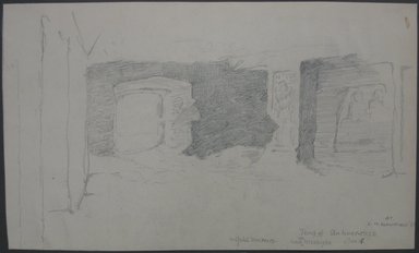 Edwin Howland Blashfield (American, 1848-1936). <em>Nag el Mesheikh, Tomb of Anhoormes</em>, January 17, 1887. Graphite on paper mounted to paperboard, Sheet: 8 7/16 x 14 1/8 in. (21.4 x 35.9 cm). Brooklyn Museum, Gift of John H. Field, 48.217.10 (Photo: Brooklyn Museum, CUR.48.217.10.jpg)