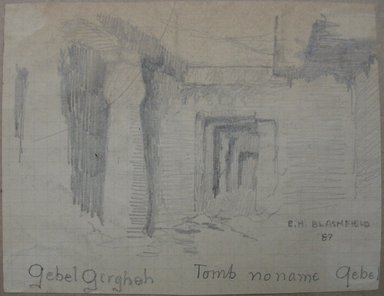 Edwin Howland Blashfield (American, 1848-1936). <em>Tomb Opposite Girga</em>, 1887. Graphite on preprinted graph paper mounted to paperboard, Sheet: 3 1/2 x 4 9/16 in. (8.9 x 11.6 cm). Brooklyn Museum, Gift of John H. Field, 48.217.17d (Photo: Brooklyn Museum, CUR.48.217.17d.jpg)