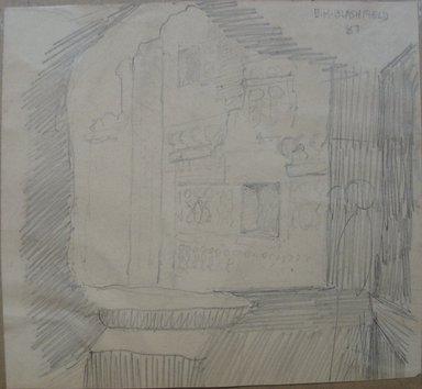 Edwin Howland Blashfield (American, 1848-1936). <em>Medinet Habu, Fortified Gate</em>, 1887. Graphite on paper mounted to paperboard, Sheet: 4 1/16 x 4 7/16 in. (10.3 x 11.3 cm). Brooklyn Museum, Gift of John H. Field, 48.217.17e (Photo: Brooklyn Museum, CUR.48.217.17e.jpg)