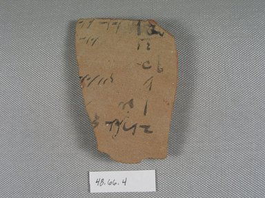  <em>Fragmentary Ostracon</em>, ca. 664 B.C.E.–395 C.E. Terracotta, pigment, 2 1/2 x 5/16 x 3 3/8 in. (6.3 x 0.8 x 8.6 cm). Brooklyn Museum, Gift of Mrs. Lawrence Coolidge and Mrs. Robert Woods Bliss, and the Charles Edwin Wilbour Fund, 48.66.4. Creative Commons-BY (Photo: Brooklyn Museum, CUR.48.66.4_view1.jpg)
