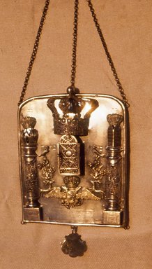  <em>Torah Breastplate</em>, 1855. Filigreed silver, 9 x 7 in. (22.9 x 17.8 cm). Brooklyn Museum, Purchased with funds given by Isador Leviton, 49.228.5. Creative Commons-BY (Photo: Brooklyn Museum, CUR.49.228.5.jpg)