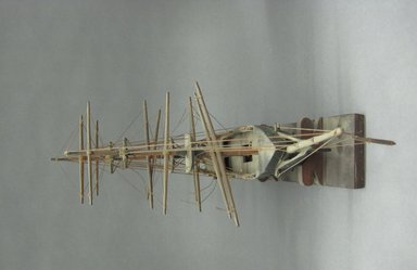  <em>Model of 3 Masted Schooner</em>. Wood, Ship: 13 x 6 1/2 x 15 1/2 in. (33 x 16.5 x 39.4 cm). Brooklyn Museum, Bequest of Mrs. William Sterling Peters, 50.141.182a-b (Photo: Brooklyn Museum, CUR.50.141.front.jpg)
