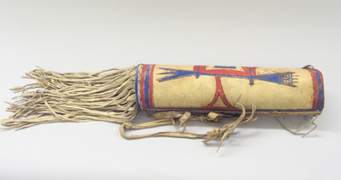 Blackfoot. <em>Headdress Case</em>, late 19th century. Rawhide, pigment, 7 1/2 × 7 1/2 × 17 1/2 in. (19.1 × 19.1 × 44.5 cm). Brooklyn Museum, Henry L. Batterman Fund and Frank Sherman Benson Fund, 50.67.30. Creative Commons-BY (Photo: Brooklyn Museum, CUR.50.67.30_view1.jpg)