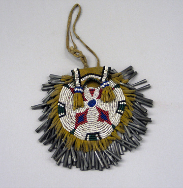 Plains. <em>Circular Beaded Pouch with Jingles</em>, 19th century. Hide, beads, metal, cotton thread, 4 3/4 x 5 in. (12.1 x 12.7 cm). Brooklyn Museum, Henry L. Batterman Fund and the Frank Sherman Benson Fund, 50.67.35. Creative Commons-BY (Photo: Brooklyn Museum, CUR.50.67.35.jpg)