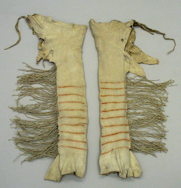 Yanktonai, Nakota, Sioux. <em>Pair of Red and Brown Striped Leggings for Chief's Dress</em>, early 19th century. Buckskin, pigment, sinew, Each: 37in. (94cm). Brooklyn Museum, Henry L. Batterman Fund and Frank Sherman Benson Fund, 50.67.3b-c. Creative Commons-BY (Photo: Brooklyn Museum, CUR.50.67.3b-c_view1.jpg)