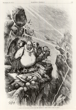 Thomas Nast (American, 1840–1902). <em>A Group of Vultures Waiting for the Storm to "Blow Over" - "Let Us Prey,"</em> 1871. Wood engraving on newsprint paper, Image: 13 11/16 x 11 1/4 in. (34.8 x 28.5 cm). Brooklyn Museum, Gift of the Brooklyn Museum Art School, 51.84 (Photo: Brooklyn Museum, CUR.51.84.jpg)