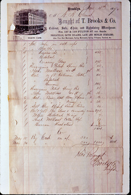  <em>Bill of Sale of T. Brooks & Co., Nos. 127 & 129</em>, June 4, 1872. Paper. pen and ink, frame: 19 1/2 × 14 1/2 × 3/4 in. (49.5 × 36.8 × 1.9 cm). Brooklyn Museum, Gift of Arthur W. Clement, 52.119 (Photo: Brooklyn Museum, CUR.52.119.jpg)