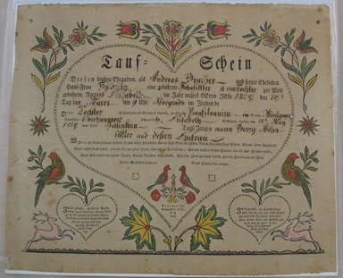 Unknown. <em>Untitled (Baptismal Record of Andreas Grubner)</em>, 1809. Woodcut colored by stencil with ink inscriptions on paper, Sheet: 13 5/16 x 15 15/16 in. (33.8 x 40.5 cm). Brooklyn Museum, Gift of the Monroe and Estelle Hewlett Collection, 52.93.30 (Photo: Brooklyn Museum, CUR.52.93.30.jpg)
