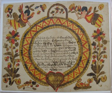 Unknown. <em>Untitled (Baptismal Record)</em>, 1810. Ink and paint (tempera?) on paper, Sheet: 13 5/16 x 16 1/2 in. (33.8 x 41.9 cm). Brooklyn Museum, Gift of the Monroe and Estelle Hewlett Collection, 52.93.38 (Photo: Brooklyn Museum, CUR.52.93.38.jpg)