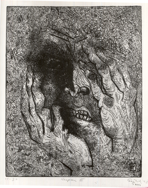 Gabor Peterdi (American, born Hungary, 1915–2001). <em>Despair III</em>, 1938. Etching and engraving on paper, 12 7/16 x 9 13/16 in. (31.6 x 25 cm). Brooklyn Museum, Gift of Martin Segal, 53.114.4. © artist or artist's estate (Photo: Brooklyn Museum, CUR.53.114.4.jpg)