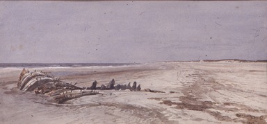 William Trost Richards (American, 1833–1905). <em>Beach Scene with Wreck</em>. Watercolor, 6 3/4 x 13 7/8 in. (17.1 x 35.2 cm). Brooklyn Museum, Bequest of Mrs. William T. Brewster through the National Academy of Design, 53.226 (Photo: Brooklyn Museum, CUR.53.226.jpg)
