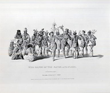 Peter Duval. <em>War Dance of the Sauks and Foxes</em>, 1834. Hand-colored lithograph on paper, Image: 6 1/2 x 14 1/2 in. (16.5 x 36.8 cm). Brooklyn Museum, Gift of Elizabeth Crawford in memory of M. D. C. Crawford, 55.239.1 (Photo: Brooklyn Museum, CUR.55.239.1.jpg)