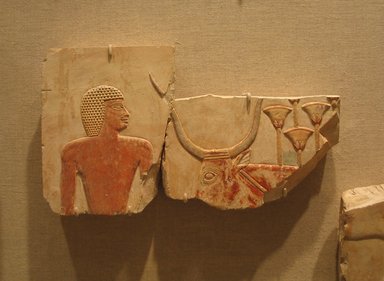 Egyptian. <em>Scene of Animal Husbandry</em>, ca. 670–650 B.C.E. Limestone, pigment, 5 5/8 x 10 1/16 in. (14.3 x 25.6 cm). Brooklyn Museum, Charles Edwin Wilbour Fund, 55.3.1a-b. Creative Commons-BY (Photo: Brooklyn Museum, CUR.55.3.1a-b_wwg8.jpg)