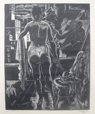 Emil Ganso (American, 1895–1941). <em>Self Portrait with Nude</em>, 1930. Wood engraving on Japan paper, 10 1/16 x 8 1/8 in. (25.6 x 20.6 cm). Brooklyn Museum, Gift of Erhart Weyhe, 56.4.11 (Photo: Brooklyn Museum, CUR.56.4.11.jpg)