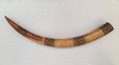 Edo. <em>Carved Tusk</em>, 18th to 19th century. Ivory, pigment, 42 15/16 x 4 7/16in. (109 x 11.3cm). Brooklyn Museum, Gift of Arturo and Paul Peralta-Ramos, 56.6.73. Creative Commons-BY (Photo: Brooklyn Museum, CUR.56.6.73_overall.jpg)