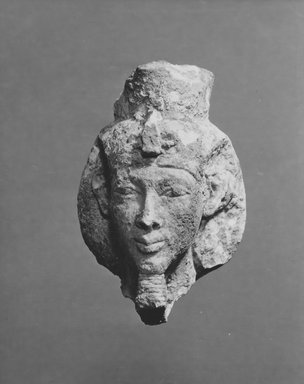  <em>Head of Akhenaten</em>, ca. 1956 C.E. Limestone, 3 3/4 in. (9.5 cm). Brooklyn Museum, Gift of Maguid Sameda, 57.163.1. Creative Commons-BY (Photo: Brooklyn Museum, CUR.57.163.1_NegA_print_bw.jpg)