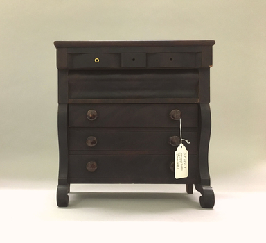 American. <em>Miniature Chest of Drawers</em>, 19th century. Mahogany, mahogany veneer on pine, ceramic, bone, 13 5/8 x 13 1/8 x 6 1/8 in. (34.6 x 33.3 x 15.6 cm). Brooklyn Museum, Gift of Mrs. Charles E. Rogers, Jr., 57.181.1. Creative Commons-BY (Photo: , CUR.57.181.1_front.jpg)