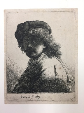 Rembrandt Harmensz. van Rijn (Dutch, 1606-1669). <em>Self Portrait in a Cap and Scarf with the Face Dark: Bust</em>, 1633. Etching on wove paper, Plate: 5 1/4 x 4 in. (13.3 x 10.2 cm). Brooklyn Museum, Gift of Mrs. Charles Pratt, 57.188.46 (Photo: , CUR.57.188.46.jpg)