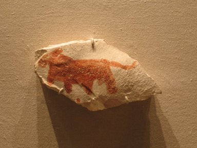  <em>Decorated Ostrakon</em>, ca. 1336–1295 B.C.E. Limestone, pigment, 3 13/16 x 6 7/8 in. (9.7 x 17.5 cm). Brooklyn Museum, Charles Edwin Wilbour Fund, 58.28.1. Creative Commons-BY (Photo: Brooklyn Museum, CUR.58.28.1_wwg8.jpg)