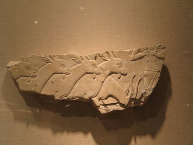  <em>Goats and Herdsman</em>, ca. 670–650 B.C.E. Limestone, 5 × 13 × 7/8 in. (12.7 × 33 × 2.2 cm). Brooklyn Museum, Charles Edwin Wilbour Fund, 58.31. Creative Commons-BY (Photo: Brooklyn Museum, CUR.58.31_wwg8_2015.jpg)