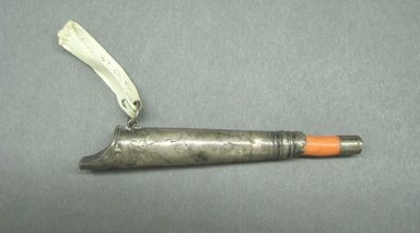 American. <em>Baby Rattle or Whistle</em>, ca. 1796. Silver and coral, 3 5/8 x 1/2 x 1/2 in. (9.2 x 1.3 x 1.3 cm). Brooklyn Museum, Gift of Norman Peters, 59.224.3. Creative Commons-BY (Photo: Brooklyn Museum, CUR.59.224.3_view1.jpg)