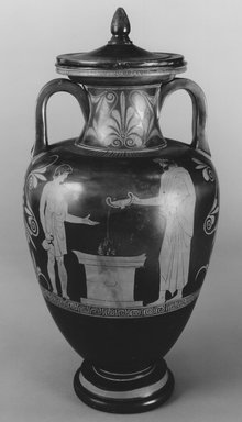Attributed to Niobid Painter. <em>Red-Figure Amphora</em>, 470–450 B.C.E. Clay, slip, 20 15/16 × Diam. 10 11/16 in. (53.2 × 27.1 cm). Brooklyn Museum, Museum Collection Fund, 59.34a-b. Creative Commons-BY (Photo: Brooklyn Museum, CUR.59.34a-b_NegJ_print_bw.jpg)