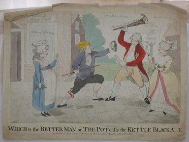 Unknown (British). <em>Which is the The Better Man</em>, Published April 5,1786. Etching, hand colored, Sheet: 11 7/8 x 16 1/4 in. (30.2 x 41.3 cm). Brooklyn Museum, Gift of Mrs. M.D.C. Crawford and Adelaide Goan, 60.108.82b (Photo: Brooklyn Museum, CUR.60.108.82b.jpg)